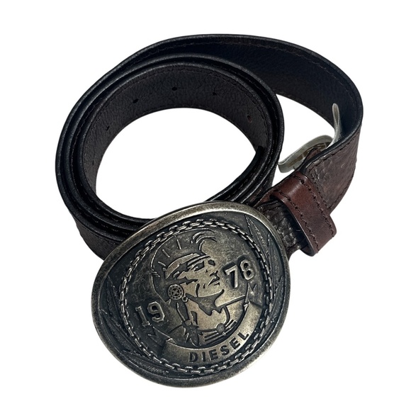 Diesel Mohawk Indian Chief Cow Leather Brown Big Brass Brown Belt Mens 100cm - Picture 1 of 11